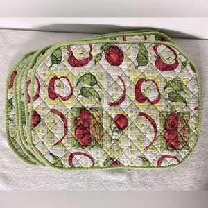 Vintage Quilted Apple Print Green Cream Red Placemats x5